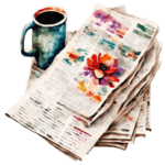 Stack of newspapers with coffee mug on top Border and Corners