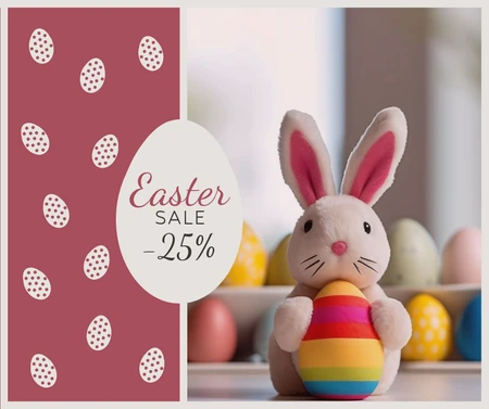 An advertisement for an Easter sale featuring a plush bunny toy with Easter eggs and a discount announcement
