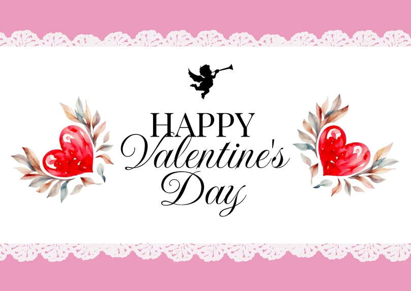 Valentine\'s Day greeting card with watercolor hearts and cupid silhouette