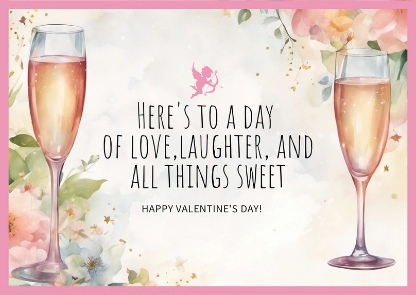 Valentine\'s Day card featuring champagne glasses with a toast to love
