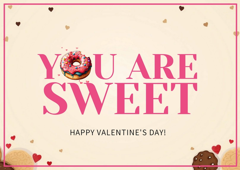 A donut with heart-shaped sprinkles next to a Valentine\'s Day message