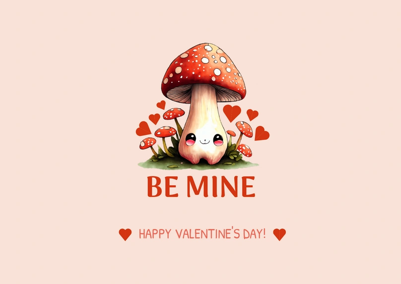 A cartoonish mushroom with a smiling face surrounded by smaller mushrooms and hearts