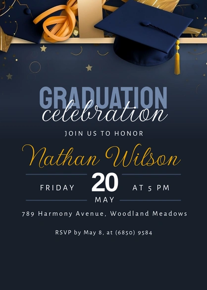 Graduation celebration invitation with navy blue and gold design elements