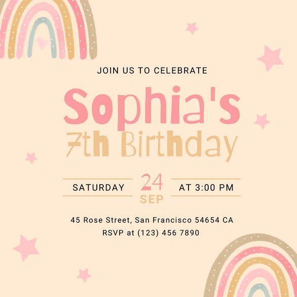 Birthday party invitation for Sophia