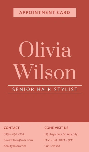 Appointment card for a senior hair stylist named Olivia Wilson