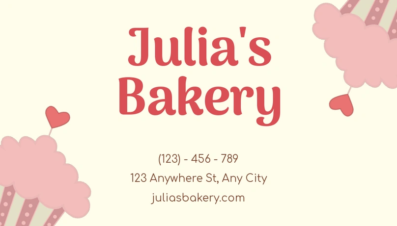 Julia's Bakery business card with contact information
