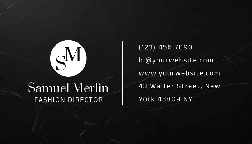 A professional business card for Samuel Merlin, Fashion Director