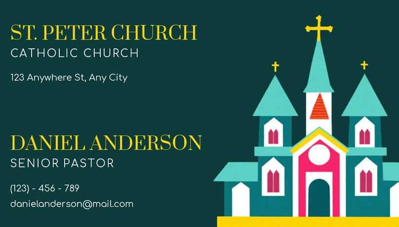 Business card for St. Peter Church featuring contact information for the Senior Pastor