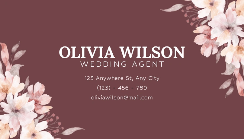 Wedding agent business card featuring name, job title, and contact details with a floral background