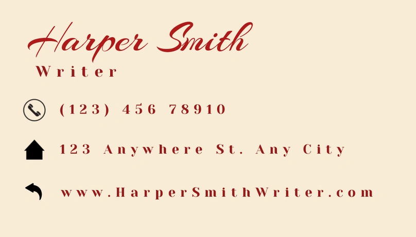 A business card for Harper Smith, a writer