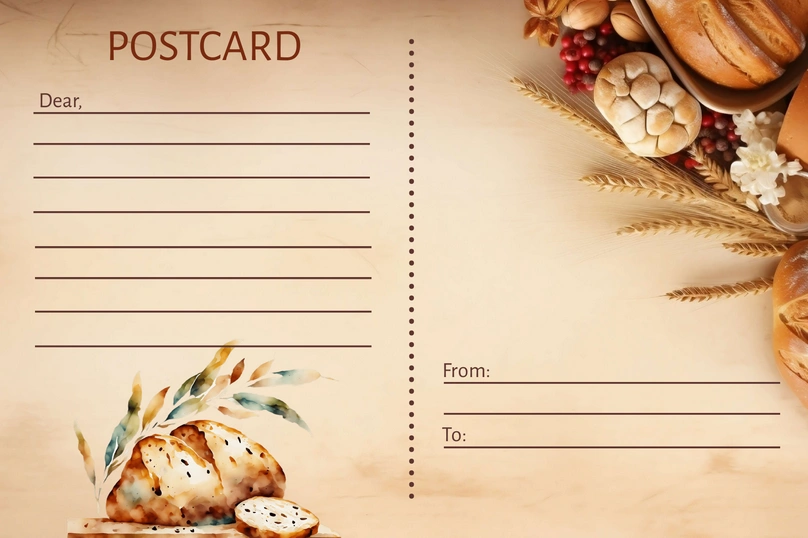 A postcard template with a watercolor illustration of bread and space for writing a message