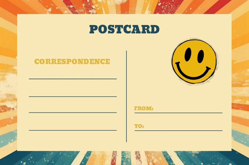 A postcard template featuring a retro design with a sunburst background and a smiley face icon.