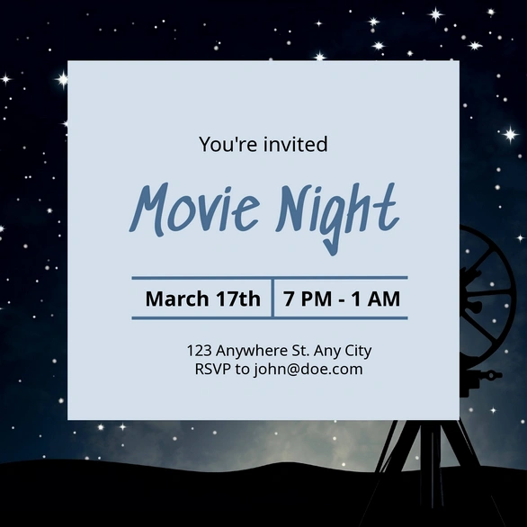 Graphic design of an invitation card for a movie night event with a night sky background and a film projector silhouette.