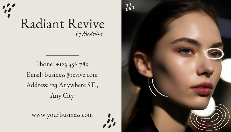 A business card layout featuring a portrait of a young woman with graphic design elements
