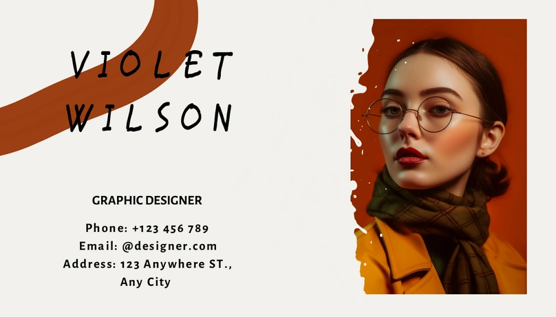 A business card for a graphic designer named Violet Wilson featuring contact details and a portrait.