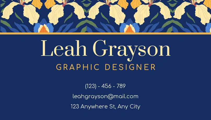 Business card of a graphic designer named Leah Grayson.