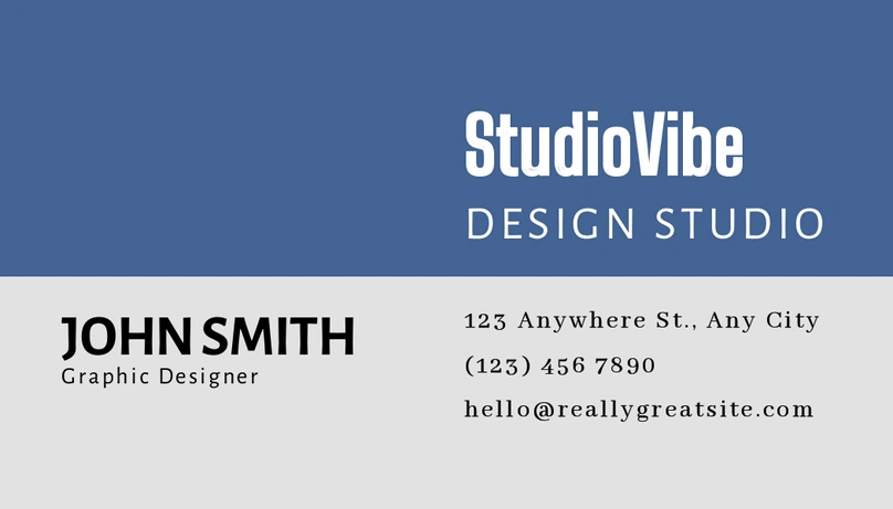 Business card of John Smith, a graphic designer at StudioVibe Design Studio
