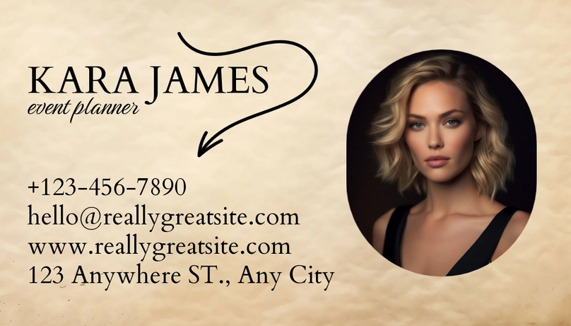 A business card for an event planner named Kara James featuring contact details and a portrait.