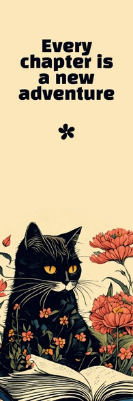 Illustrated cat with a book and flowers
