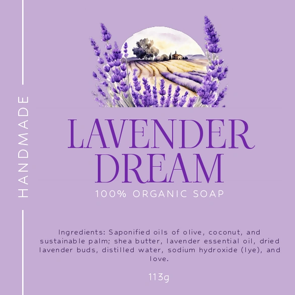 Label for a soap product featuring lavender