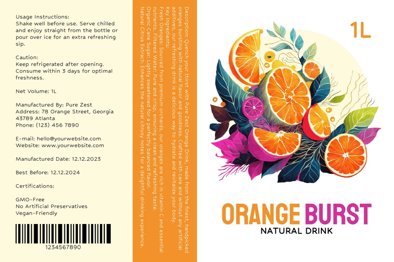 Orange Burst is a natural drink featuring a vibrant label design with citrus fruit illustrations.