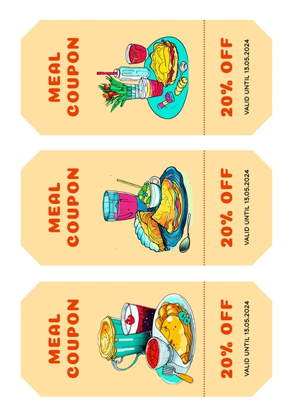 Meal coupons with cartoonish food illustrations