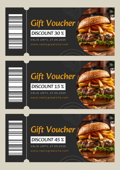 Gift vouchers for discounts on food items at a restaurant