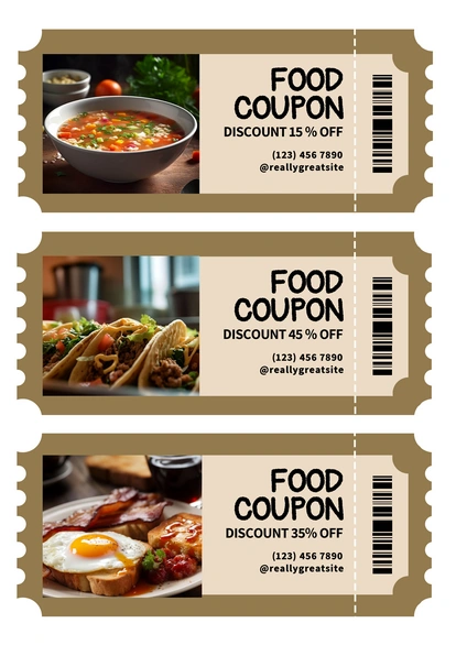 Food coupons for discounts at a restaurant or food service.