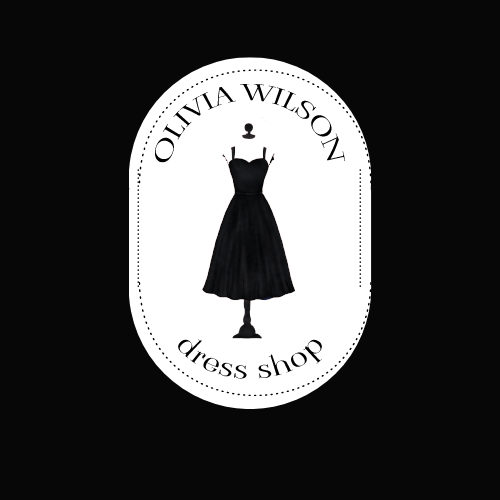 Mannequin with black dress logo for Olivia Wilson Dress Shop