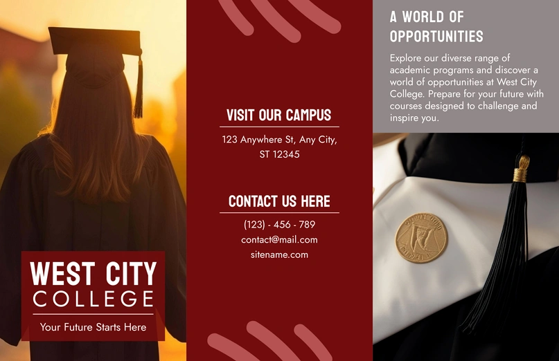 College advertisement with images of a graduating student and graduation attire