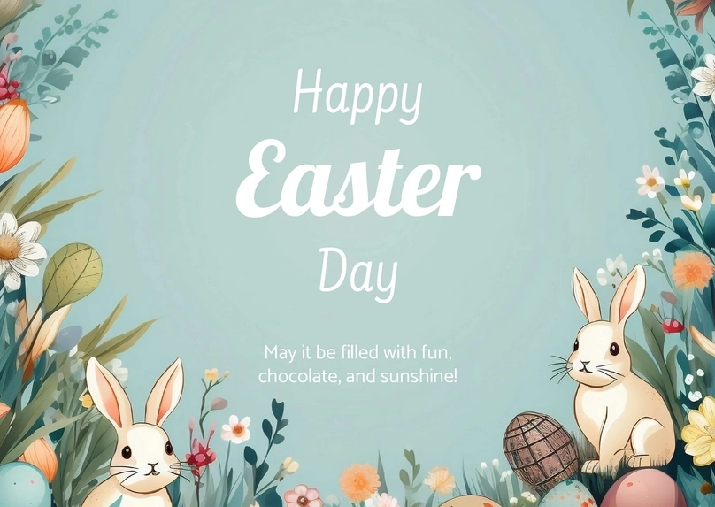 An Easter greeting card with a whimsical design, featuring bunnies, Easter eggs, and flowers.