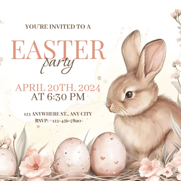 Easter party invitation featuring a bunny, eggs, and flowers