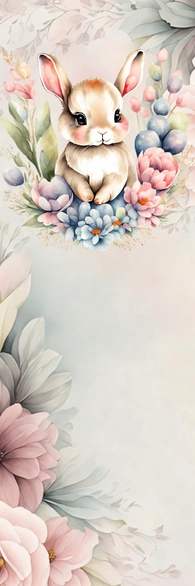 A hand-drawn bunny surrounded by watercolor flowers