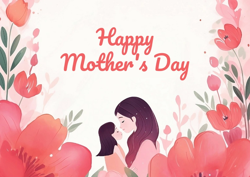 Illustrated Mother\'s Day card featuring a mother and child in a loving embrace surrounded by flowers