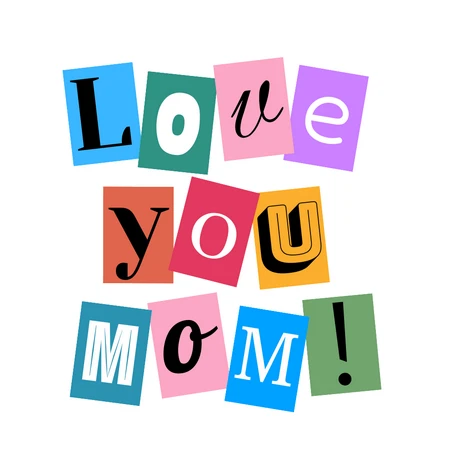 Mug design featuring colorful cutout letters spelling \'Love you MOM!\'