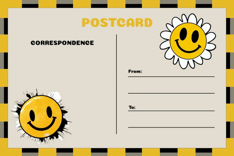 A postcard featuring a smiling sun illustration