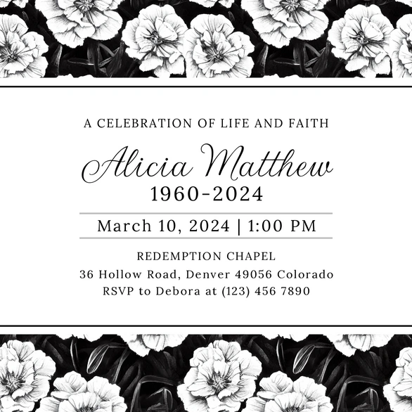 Memorial invitation for Alicia Matthew