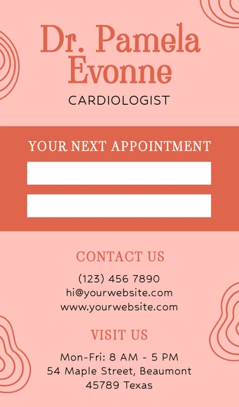 Appointment card for Dr. Pamela Evonne, Cardiologist
