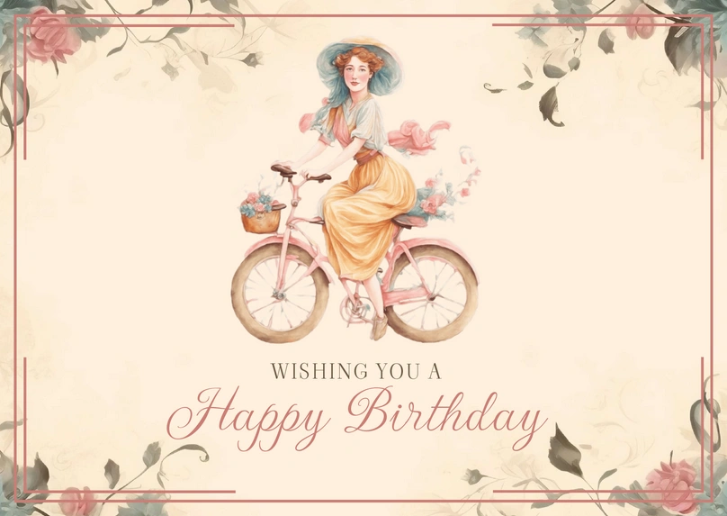 A woman riding a bicycle with a floral backdrop