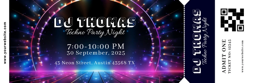 A ticket for a techno party event featuring DJ THOMAS.