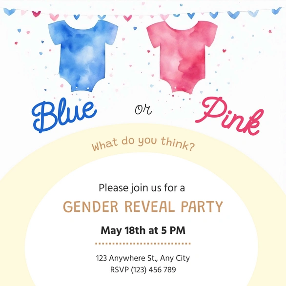 An invitation card for a gender reveal party depicting watercolor illustrations of baby onesies and playful typography.