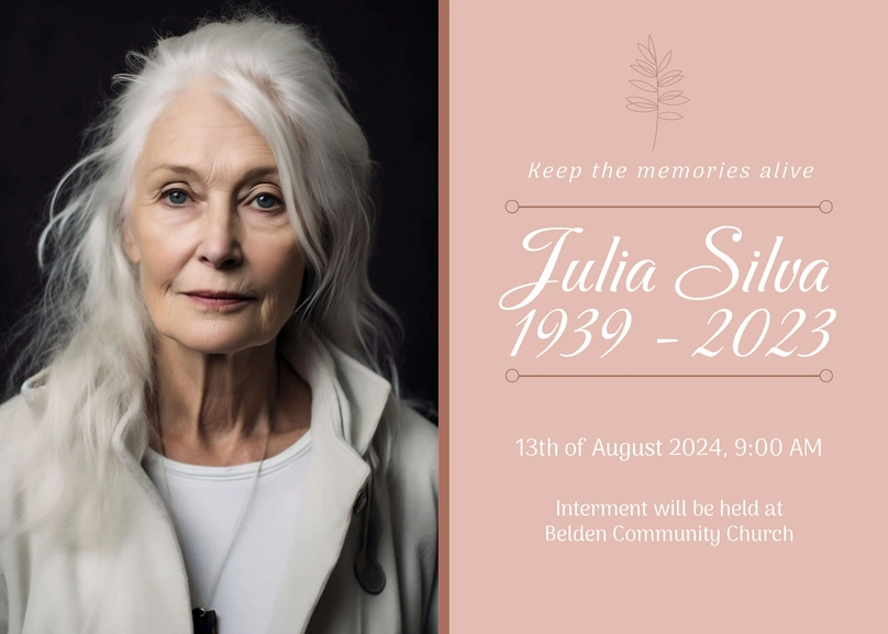 Funeral invitation card for Julia Silva with dates and location