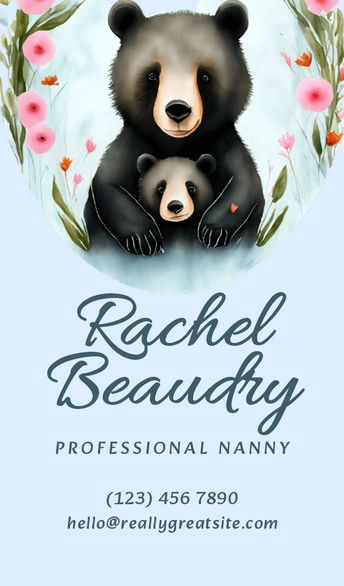 Illustration of a bear with a cub, surrounded by flowers, representing a professional nanny's contact card