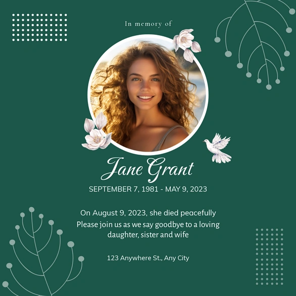 Memorial invitation for Jane Grant