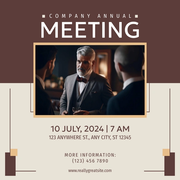 Invitation for a company annual meeting featuring people in a business discussion