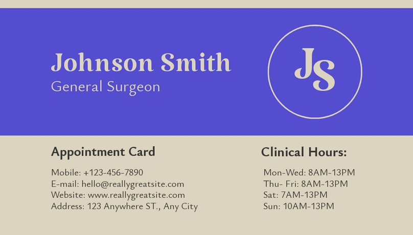 Appointment card for a General Surgeon named Johnson Smith