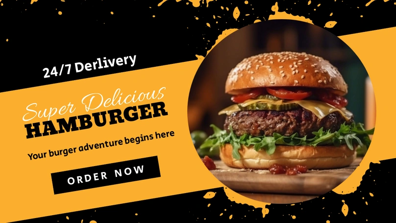 Promotional banner for a restaurant offering 24/7 delivery of delicious hamburgers