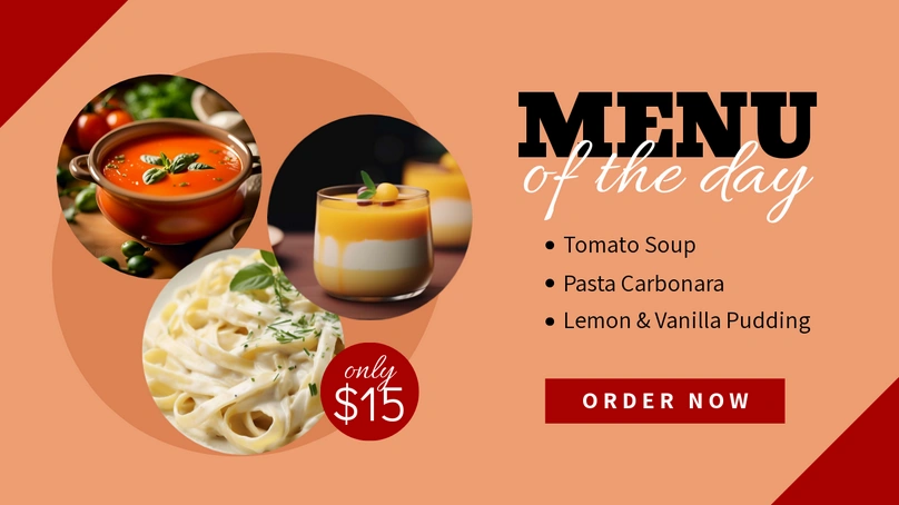 Promotional banner showcasing the menu of the day with a three-course meal for $15