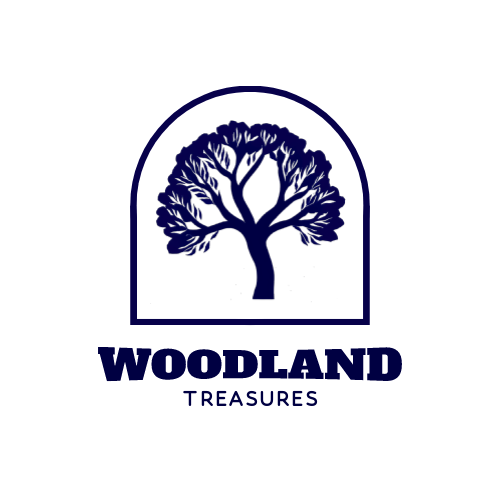 Woodland Treasures logo with tree silhouette design