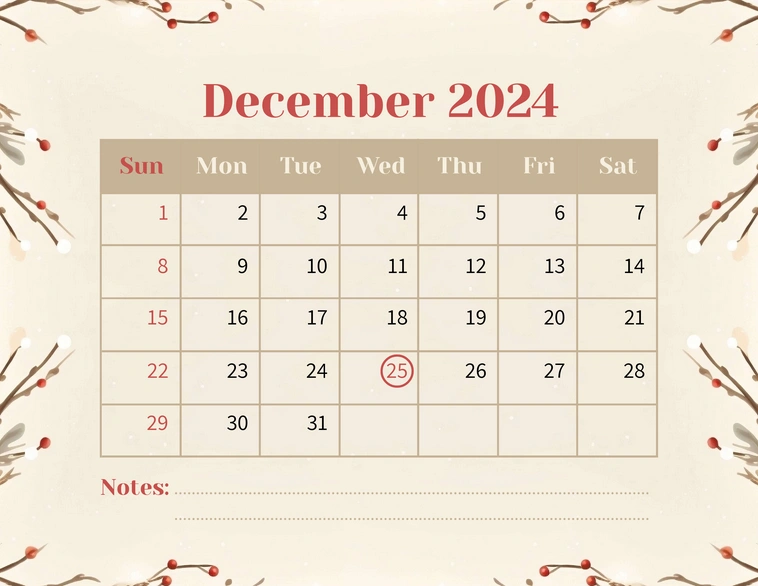 December 2024 calendar with Christmas-themed design